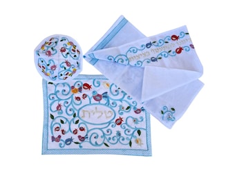 Embroidered Kosher Tallit Prayer Shawl for Women, Pomegranates and Flowers, Matching Bag & Kippa