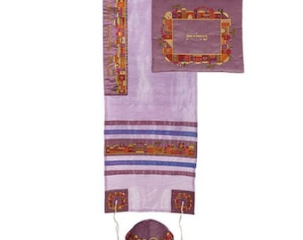 Tallit Prayer Shawl 100% Kosher Embroidered With City Of Jerusalem Include Matching Bag & yarmulkaת Purple color