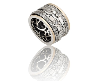 Anello Kabbalah girevole con 3 benedizioni ebraiche Shema Israel, anche questo passerà, sono per la mia amata Argento Sterling e oro 9 carati + zirconi