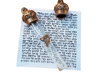 Door Mezuzah & scroll, Judaica Israel gift - Scripture Parchment Non Kosher with Crown Brown Cover