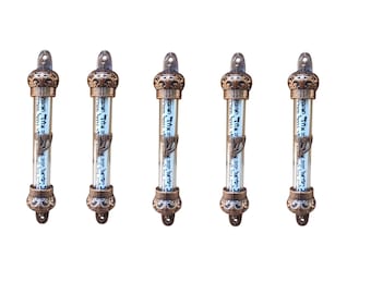 Door Mezuzah Case With scroll, 5 Pieces Judaica Israel gift -Jewish Art Scripture Parchment Non Kosher