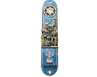 Mezuzah Case - Jerusalem Design With Menorah Door Mezuza For 10 cm Scroll