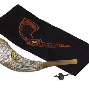 Jüdisches Shofar Widder Horn 31,5 -30,5 cm Verziert mit 7 Zweig Menora Versilbert kommt mit Samt Tasche