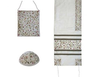 Tallit Prayer Shawl For Women 100% Kosher Embroidered With Flowers Include Matching Bag & yarmulka