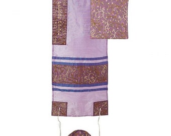 Talit de oração para mulheres, 100% kosher, bordado com flores. Inclui bolsa e quipá combinando. Cor roxa.