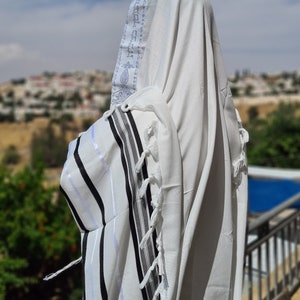 Jewish Tallit For Bar Mitzvah / Wedding Men Prayer Shawl 100% Kosher, Black/Silver  Stripes Tallis Made In Israel