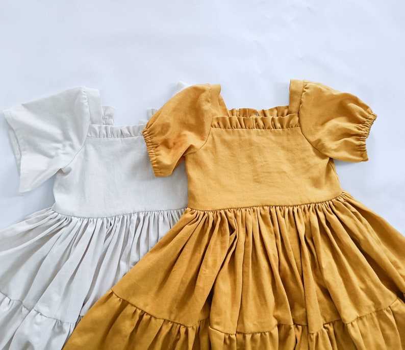 Mustard linen girl dress, flower girl dress, linen dress with short sleeves, toddler linen boho dress image 6