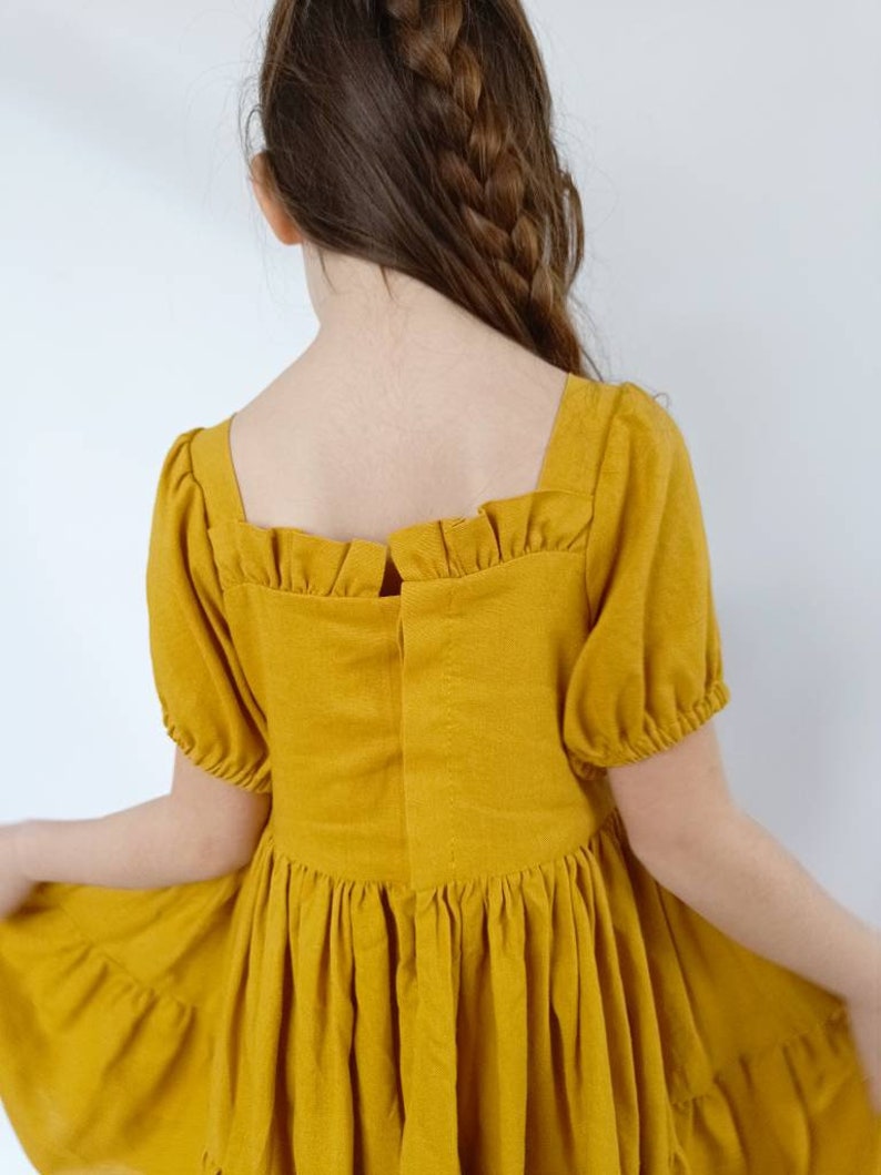 Mustard linen girl dress, flower girl dress, linen dress with short sleeves, toddler linen boho dress image 5