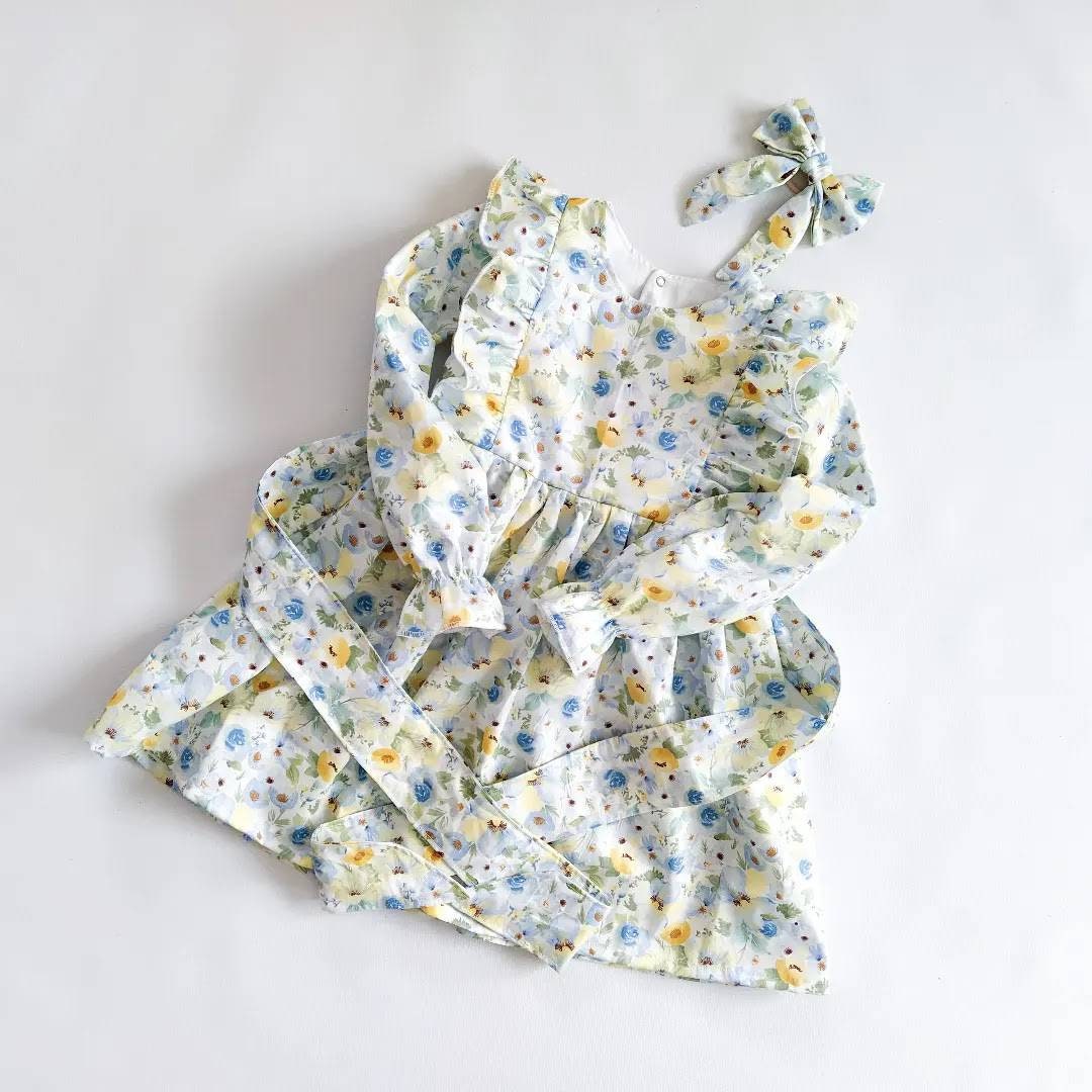 Floral Cotton Ruffle Dress: Yellow & Blue Watercolour, Baby Toddler