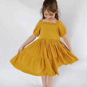 Mustard linen girl dress, flower girl dress, linen dress with short sleeves, toddler linen boho dress image 2