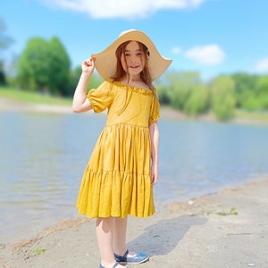 Mustard linen girl dress, flower girl dress, linen dress with short sleeves, toddler linen boho dress image 1