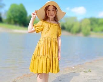 Mustard linen girl dress, flower girl dress,  linen dress with short sleeves, toddler linen boho dress