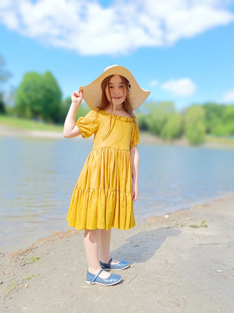 Mustard linen girl dress, flower girl dress, linen dress with short sleeves, toddler linen boho dress image 1