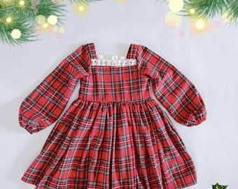 Vestito per bambina a quadri rossi: vestito natalizio in cotone biologico lavorato a maglia