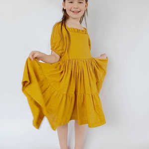 Mustard linen girl dress, flower girl dress, linen dress with short sleeves, toddler linen boho dress image 4
