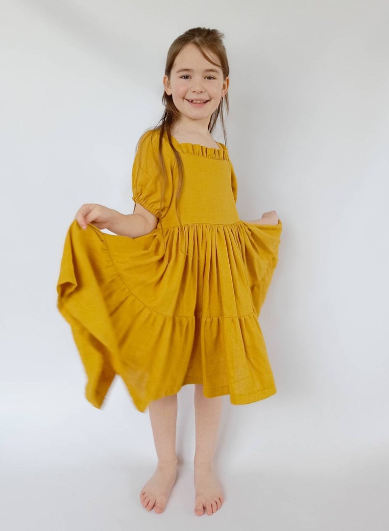 Mustard linen girl dress, flower girl dress, linen dress with short sleeves, toddler linen boho dress image 4