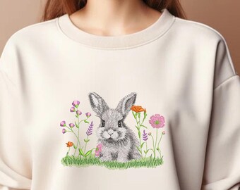 Häschen Besticktes Rundhals-Sweatshirt: Cottagecore Frühlings-Outfit