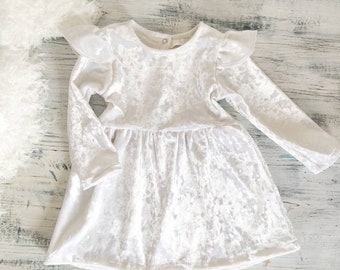 Baptism dress,  white flower girl dress, gold baby dress, white baby dress, velvet baby dress