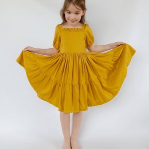 Mustard linen girl dress, flower girl dress, linen dress with short sleeves, toddler linen boho dress image 3