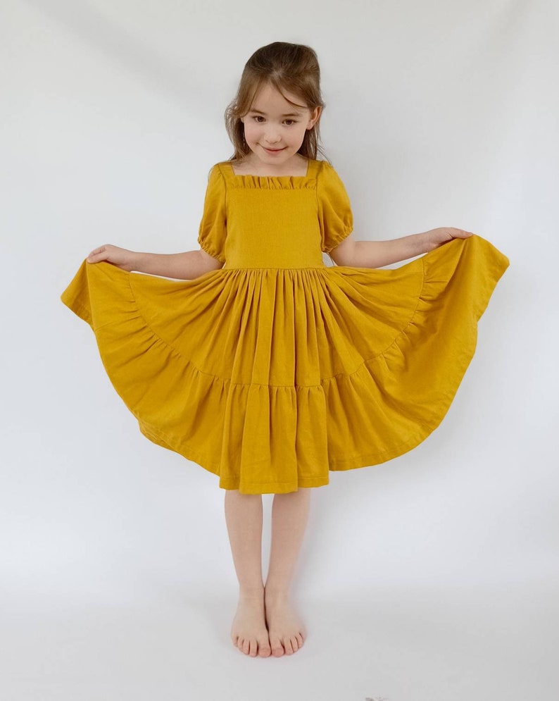 Mustard linen girl dress, flower girl dress, linen dress with short sleeves, toddler linen boho dress image 3