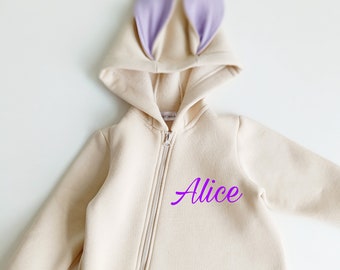 Personalized baby bunny romper, Halloween toddler bunny ear hoodie romper, rabbit baby shower gift