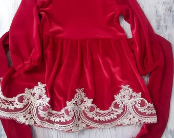 Velvet lace baby dress first dress girl red toddler dress with lace Emerald green baby dress  first birthday dress