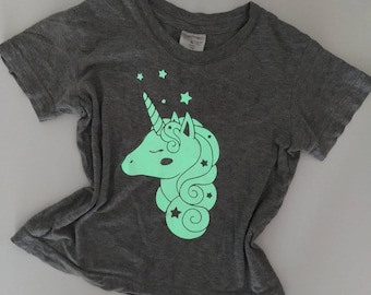 Unicorn girl glow in the dark t-shirt unicorns kids tee unicorn t-shirt girl unicorns tee birthday party gift  glow in the dark tee