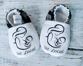 Breastfeeding baby shoes, Breastfeeding Outfit, Eat Local,  Breastfeeding Awareness, Nursing Mom, Boobie Bummies, Breastfed Baby