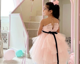 Little Darling - Special Occasion tutu dress with detachable train black velvet details,  Flower Girl Dress, Birthday Dress, Weeding Dress