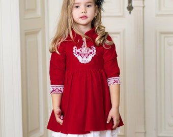 Beatrice - Elegant velvet dress with delicate lace details, Red Velvet Christmas Dress, First Birthday Dress, Red party Dress, Couture Dress