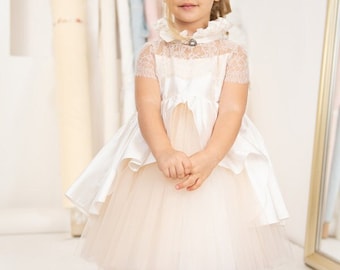 Vintage Dream Special dress with ivory silk shantung train Couture Girl Dress Special Occasion Tutu Dress, Flower Girl Dress, Birthday Dress