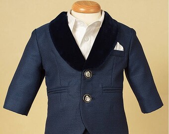 Sir Brice Boy Special Occasion Wear, Dark Blue Embroided Boy Suit, Boy Elegant Suit, First Birthday Suit, Ring Bearer Outfit