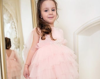 Pink Goddess - Pink tutu dress with lace and train, Special Occasion dress, Flower girl dress, First birthday dress, Pink Girl Party dress