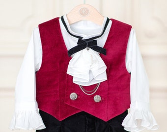 Byron - Vintage baby boy velvet suit with jabot shirt Aristocrat suit for boys and toddlers Christmas Suit for boys Elegant Birthday Suit