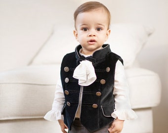 North - Elegant suit for boys with black velvet vest and jabot shirt, Ring Bearer Outfit First Birthday Suit Vintage suit for boys Army vest