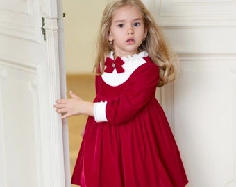 Caroline Delicate velvet dress with bow and lace, Vintage Girl Dress, Special Occasion Dress, Red Flower Girl Dress, 1st Birthday Dress