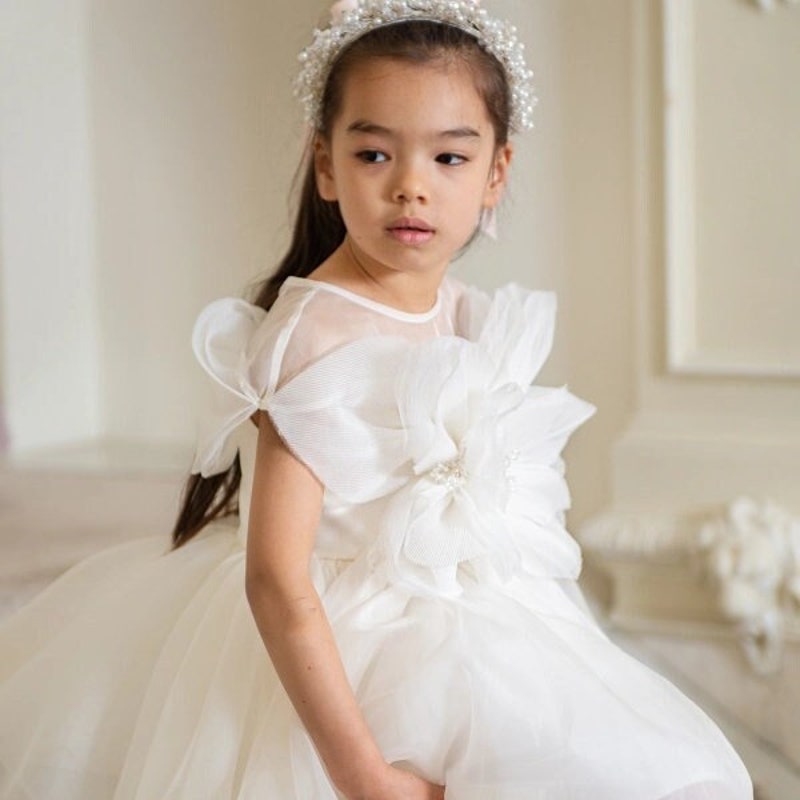Dusty Blue Organza Floral Flower Girl Dresses With Belt, Little Girl Dresses, FG075