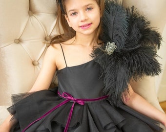 Enchanted Night - Black tutu dress with feathers and rhinestones, Custom made drees, Teen prom dress, Extravagant feathers birthday dress