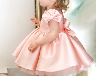 Cupcake - Pink taffeta dress with lace and oversized bow, First birthday dress, Pink tutu dress, Bare back dress, Silk Flower girl dress