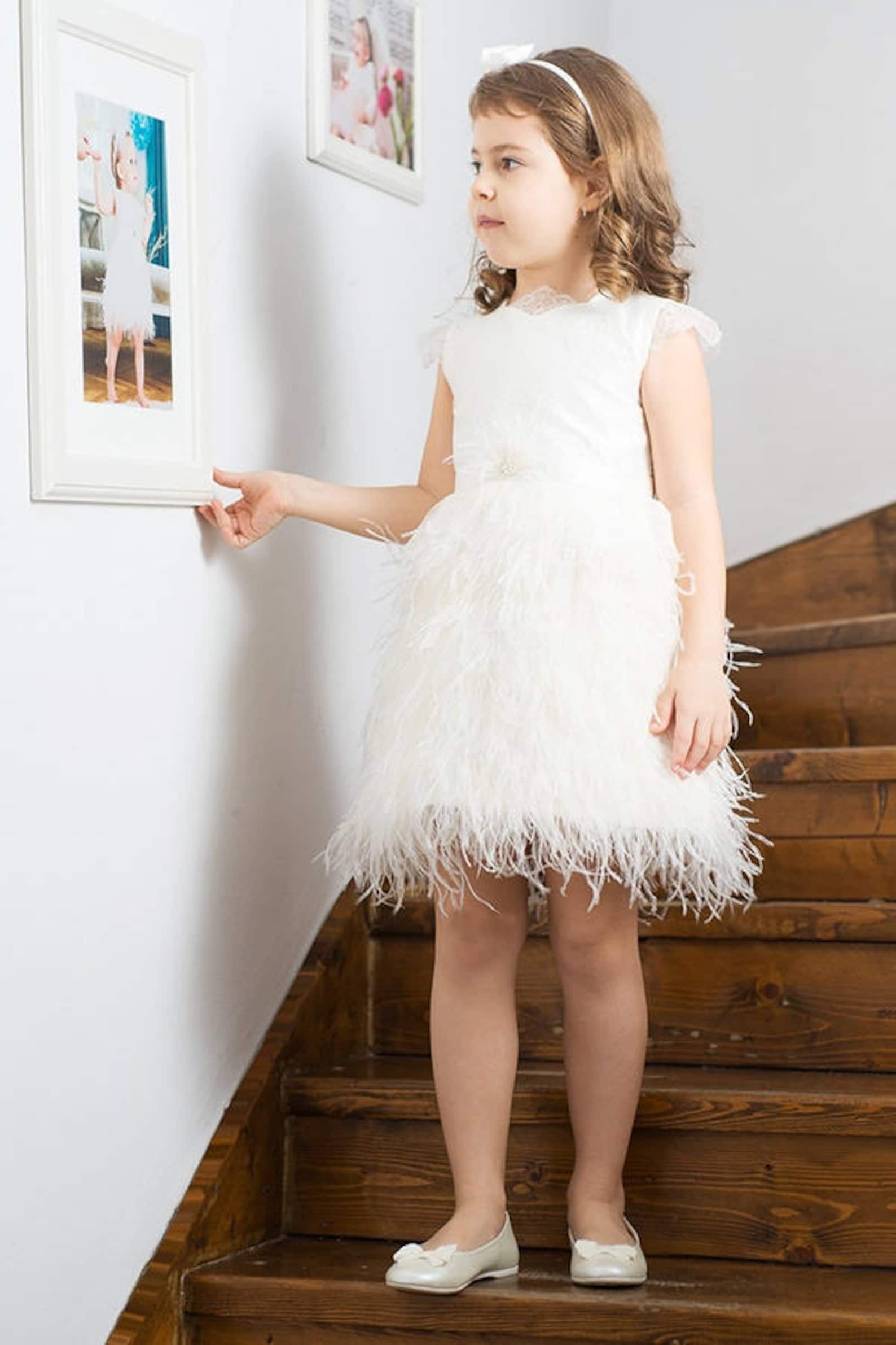 Girl Feather Dress pearl, Girl Party Dress, Ostrich Feathers Dress