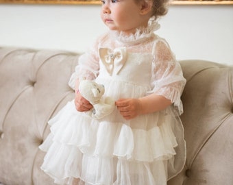 Sweet Lullaby - Delicate silk chiffon dress, polka dots tulle and silk Chantilly lace, Girl Special Occasion Dress, Flower Girl Dress