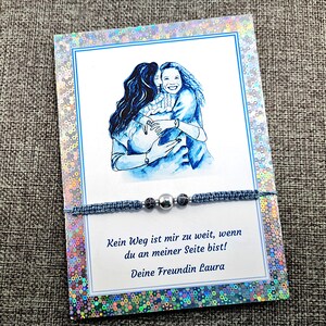Heilsteine-Armband mit echten blauen Achatperlen und Hämatitperlen, Geschenk für beste Freundin personalisierbar mit Grußkarte, Freund