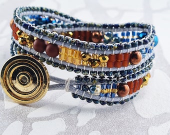 Wrap bracelet in blue brown gold, hematite wonderful gift for best friend, boho wrap bracelet, friendship, hippie bracelet, unique for