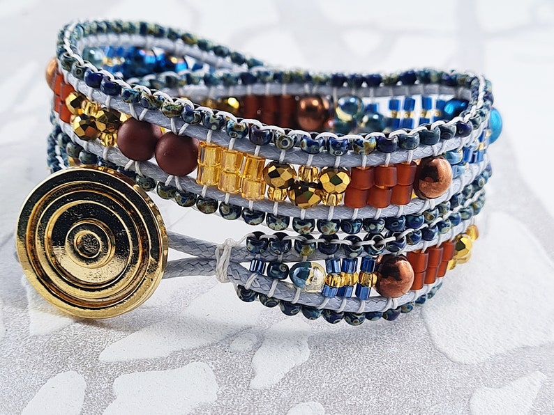 Wickelarmband in blau braun gold, Hämatit wunderschönes Geschenk beste Freundin ,Boho-Wickelarmband, Freundschaft,Hippiearmband, Unikat für Bild 1