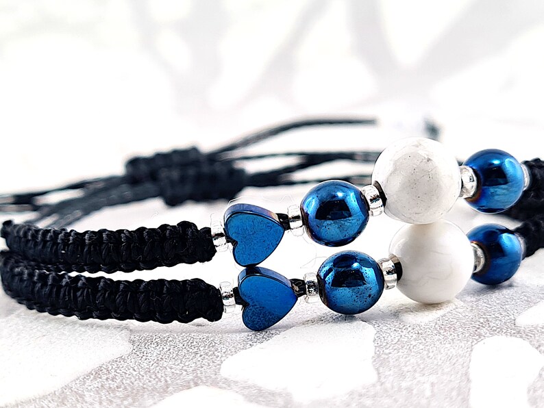 A bracelet for friendship, partner bracelets, best friend semi-precious stones blue hematite, howalite white heart, sustainable couple bracelet image 1