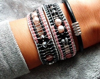 Armbandset, Wickelarmband 2 reihig, 2 mal um den Arm gewickelt, Armband schwarz-rosa, Perlenarmband,  und ein Lederarmband, Bohemian Style