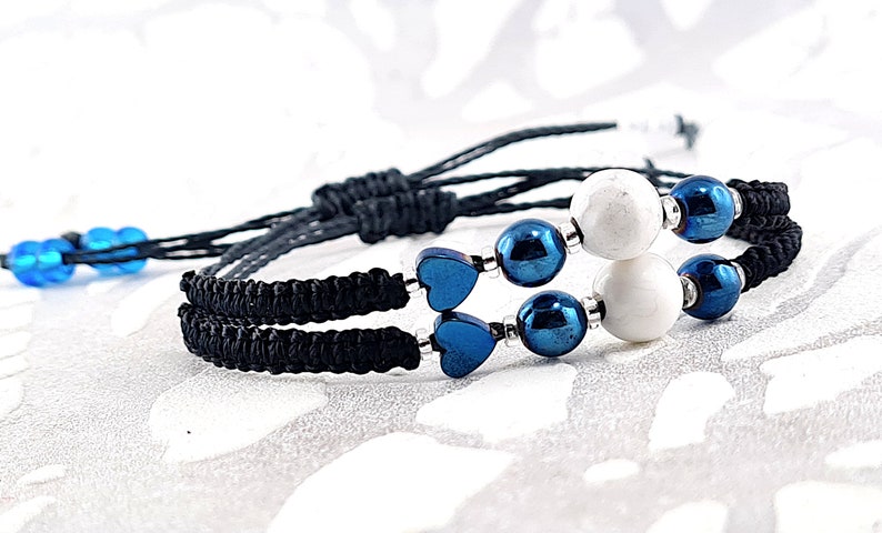 A bracelet for friendship, partner bracelets, best friend semi-precious stones blue hematite, howalite white heart, sustainable couple bracelet image 4