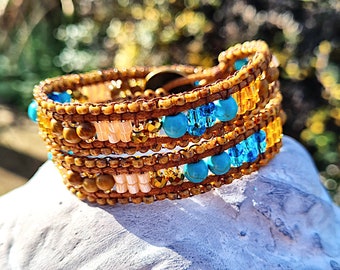 Wickelarmband in türkis, wunderschönes Geschenk beste Freundin ,Boho-Wickelarmband,  Freundschaft, Hippiearmband, nachhaltig mit echtem Holz