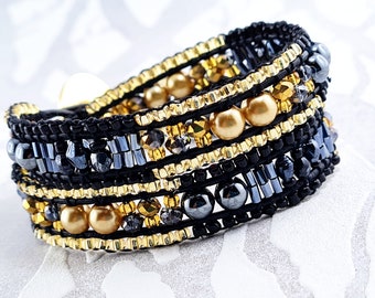 Wickelarmband edel in schwarz-gold,  wunderschönes Geschenk beste Freundin Unikat, Boho-Wickelarmband, Hippiearmband, Freundschaft, Hämatit