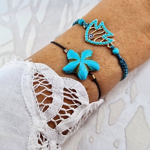 personalisiertes Armbänder mit Fisch-Ornament und Howalith-Türkis-Halbedelstein, Adventskalender Inhalt,  Makrameearmband für Freundin